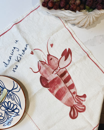 Kitchen Dancing - Lobster Print Linen Tea Towel